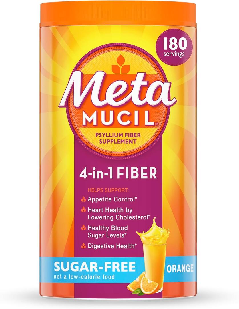 Metamucil, Daily Psyllium Husk Powder Supplement, Sugar-Free Powder, 4-in-1 Fiber for Digestive Health, Orange Flavored Drink, 180 teaspoons