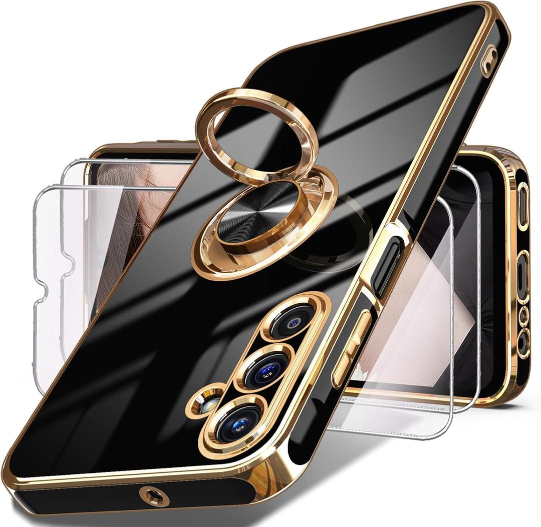 Dretal for Samsung Galaxy A15 5G Case, Screen Protector, 360 Rotatable Ring Holder Magnetic Kickstand,Plated Gold Edge Slim Soft TPU Protective Phone Cover for Galaxy A15 5G (Black)