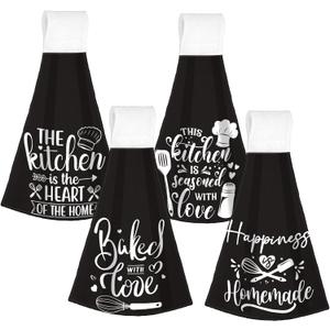 Sratte 4 Pcs Funny Quotes Hanging Kitchen Towels Set Funny Hand Towels with Hanging Loop Kitchen Towel with Saying Dish Towel Oven Stove Gift for Baking Lover Mom Women Home Decor Cooking Housewarming