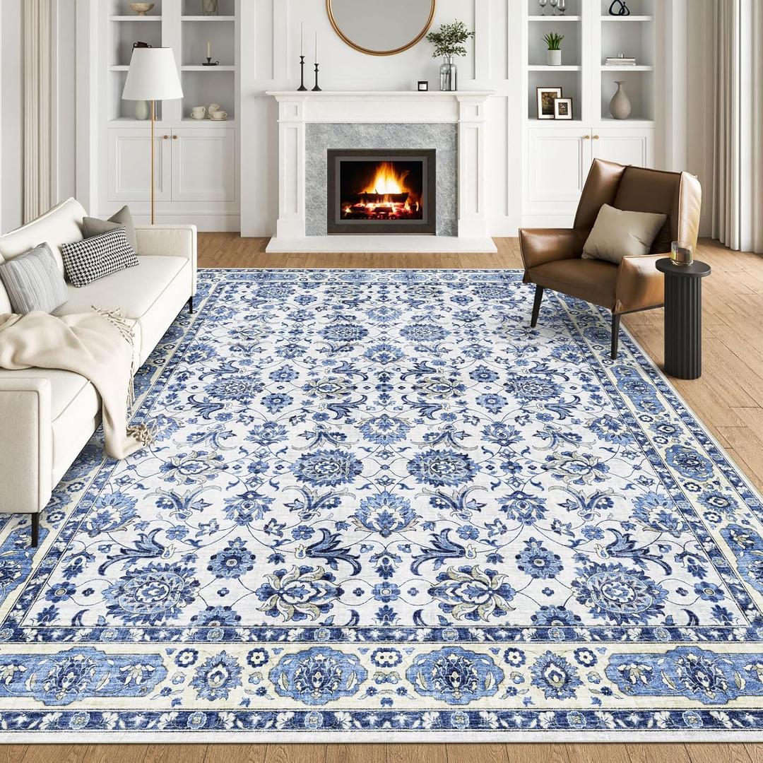 BLISSA Washable Area Rug 8x10 - Large Delft Blue Boho Rugs for Living Room Soft Vintage Oriental Floral Retro Carpet Stain Resistant Accent Rug for Bedroom Dining Room Under Table Home Office Decor