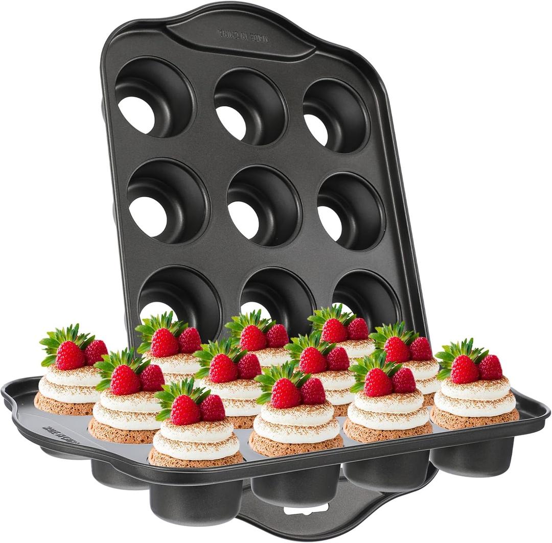 2 Pack Mini Cheesecake Pans Removable Bottom 12 Cavity Mini Cupcake Pan with Silicone Handle Nonslip Anti Heat Nonstick Carbon Steel Muffin Mold 13" x 8" Baking Molds