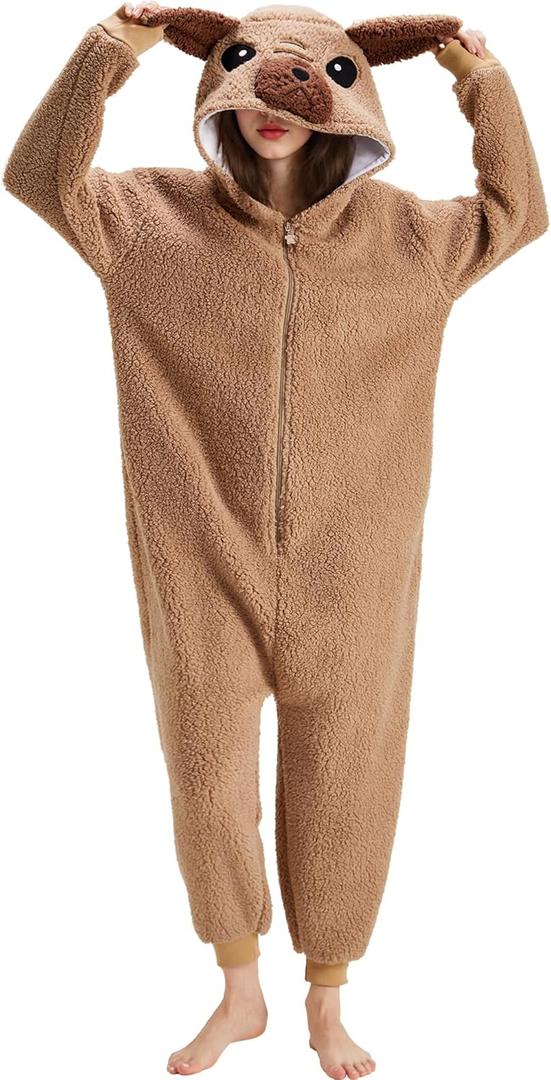 Pug Onesie Pajamas Adult Unisex Pug Costume Hooded Zipper Animal Sleepwear Halloween Cosplay Costume (Large, Light Brown)