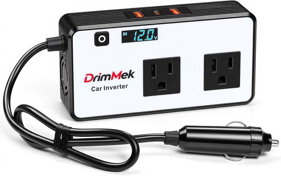 DrimMek 200W Car Power Inverter, Car Plug Adapter Outlet 12V to 110V Converter with 24W USB Fast Charging Port, Dual AC Outlet for Laptop, Vehicles, Camping (LED Display)