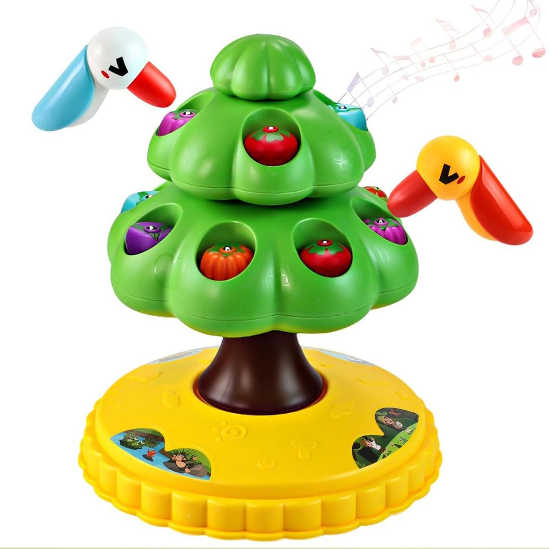 Montessori Toy for 2 Year Old Girl and Boy, Rotating Tree with 6 Fruits & Bird, Fine Motor Skills Toys for Age 2-4, Light Up & Christmas Music Toddler Learning Toys, Gift for Baby Boy Girl Age 1-3