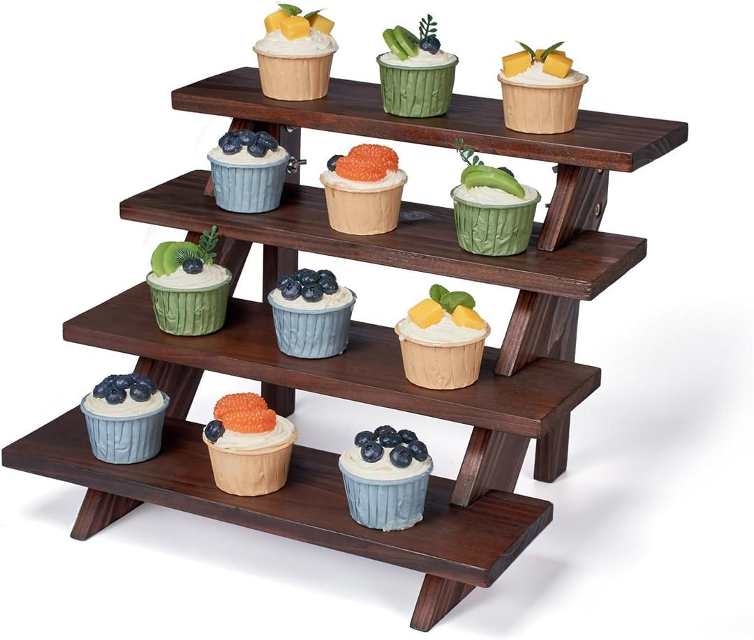DAOYOUSKY Wooden Rustic Cupcake Stand for 24 Cupcakes, Stepped Wood Display Stand for Weddings, Tiered Party Table Display Riser for Food , Dessert, Cookie, Decor, Craft Show, Brown