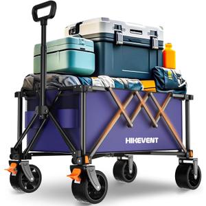 Collapsible Wagon Cart, 360LBS Heavy Duty Foldable Beach Wagon with Wider Wheels, Utility Grocery Shopping Cart for Garden, Camping, Sports, Blue (140L)