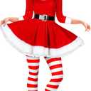 Geyoga Women's Santa Claus Costume Set Velvet Dress with Belt Women's Xmas Striped Tights Santa Hat Set Dress Cosplay (Red, Large