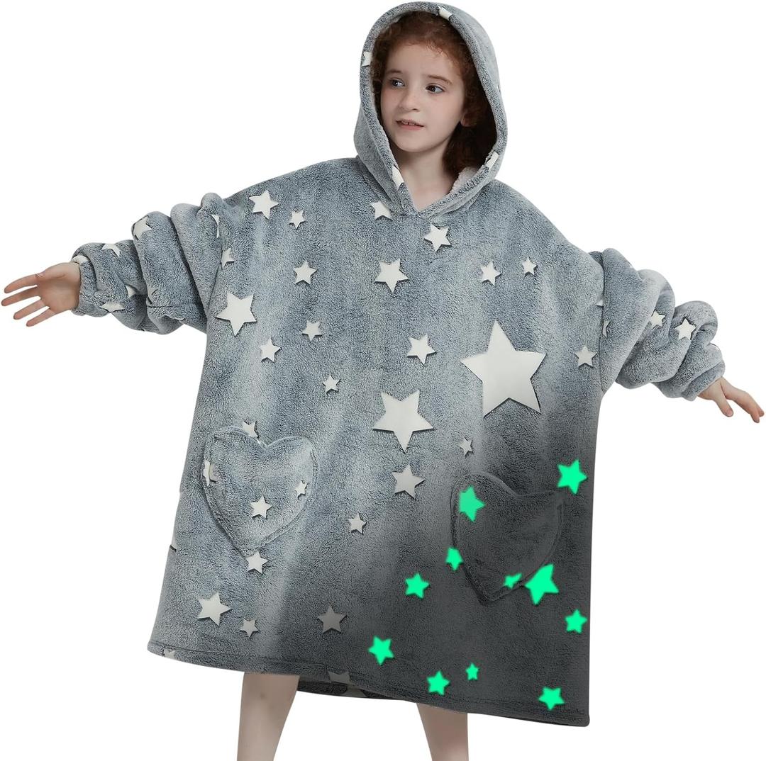 Wearable Blanket Hoodie for Kids Oversized Sherpa Blanket Hoodie for Kids Boys Girls Teens 6-13YR, Glow in The Dark Star
