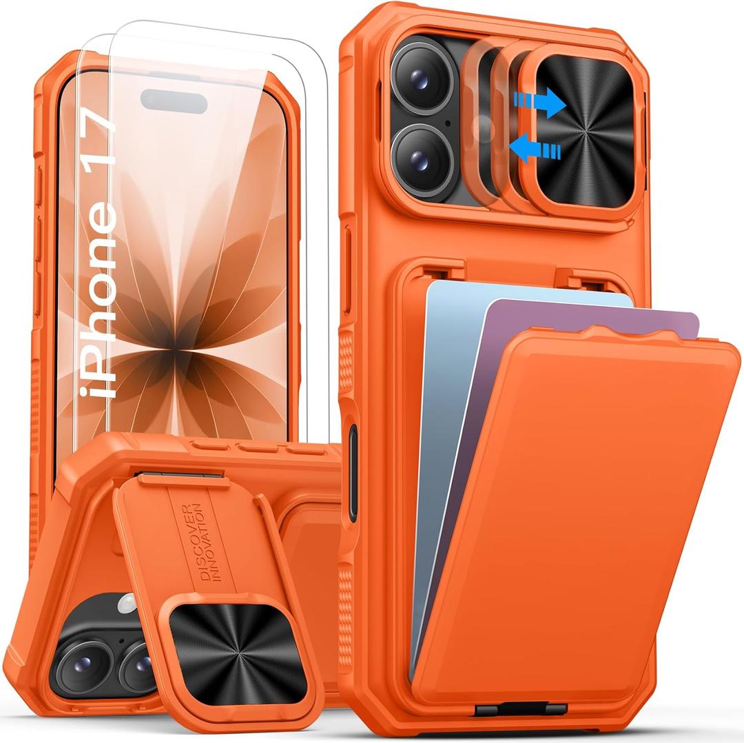 SSLOTSCASE for iPhone 17 Case with 2X Screen Protector, Credit Card Holder & Kickstand & Slide Camera Lens Cover & Camera Stand & Wallet, Rugged Heavy Duty Men Women Case Cover for iPhone 17, Orange