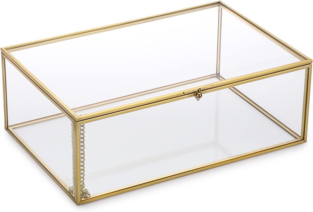 Hipiwe Vintage Glass Keepsake Box - Rectangle Jewelry Display Organizer, Vanity Lidded Home Decor Accent for Storage Trinket Rings Bracelet Rock - X-Large (Gold)