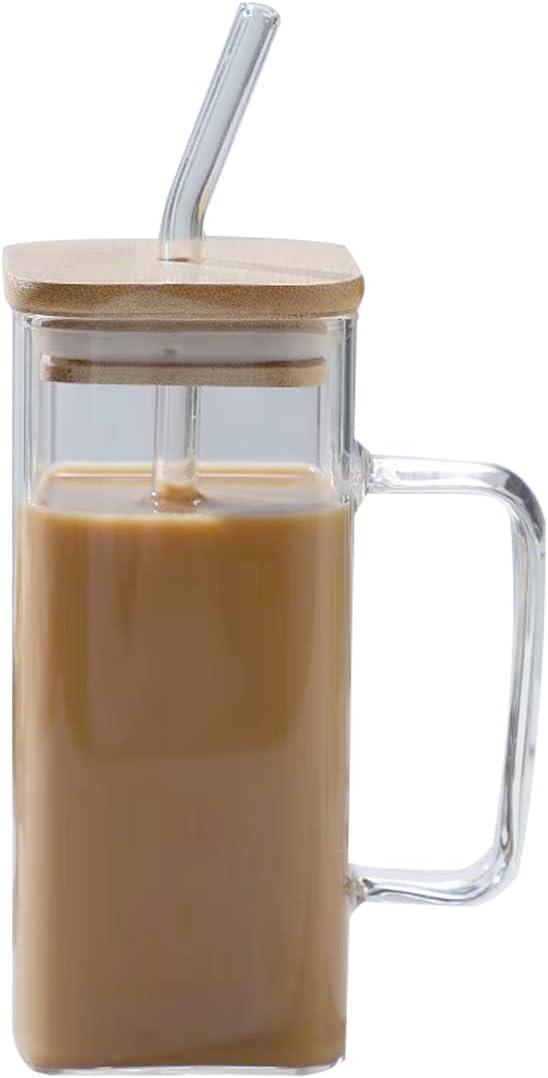Glass Mug with Lid and Straw Iced Coffee Cup with Handle Square Drinking Glasses Tumbler Cups for Smoothie Juice (Clear)