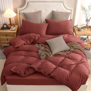 PURE ERA Jersey Knit Duvet Cover Set 100% T-Shirt Cotton Super Soft Comfy 3pc Bedding Set with Zipper Closure (Solid Brick Red, Queen, 90"X90")