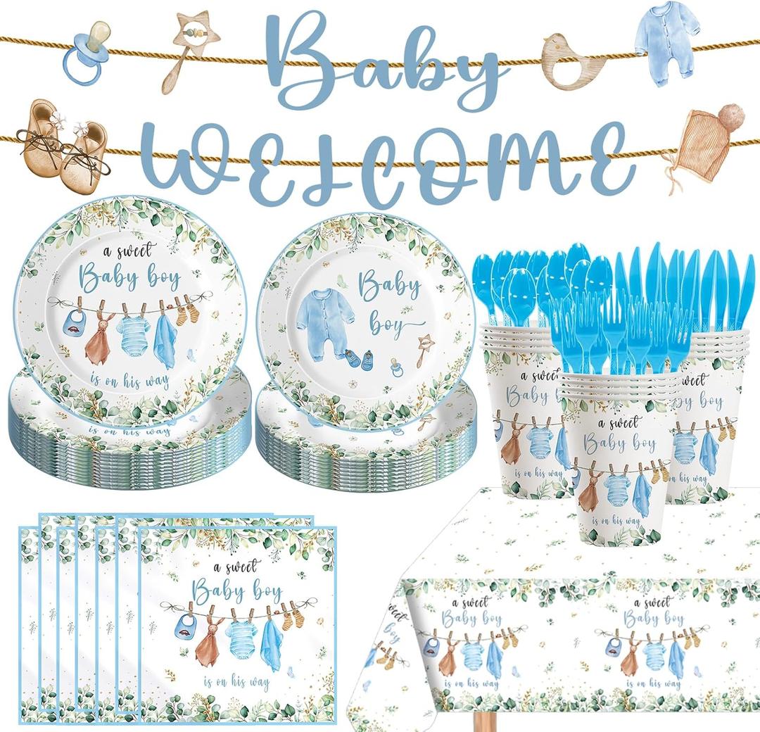 142pcs Greenery Gender Reveal Baby Shower Supplies Party Boho Greency Party Decorations Tableware Set Dessert Plates Napkins Forks for 20 Guests (Blue)
