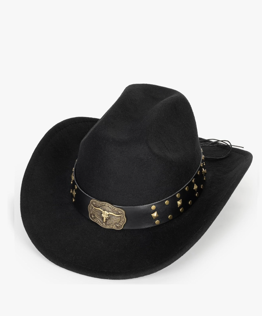 Western-Cowboy-Hats for Women Men - Classic Wide Brim Felt Fedora Unisex Upturn Bull Head Cowgirl Caps with Buckle Belt