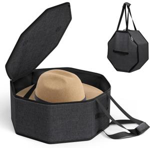 SLEEPING LAMB Hat Box for Travel and Storage, Collapsible Cowboy Cap Organizer for Closet with Handles, Hat Boxes for Men and Women Storage Large Cap Case Carrier with Cardbord, Black (16''L x 7''H)