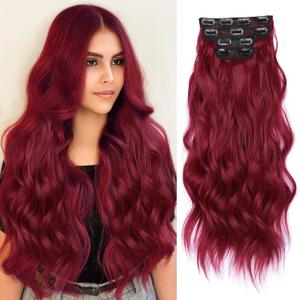 NOTICEME Clip in Hair Extensions, 22 Inch Long Wavy Red Synthetic Hair Extensions, 4PCS Thick Double Weft Clip Ins Hairpieces for Women (Red)