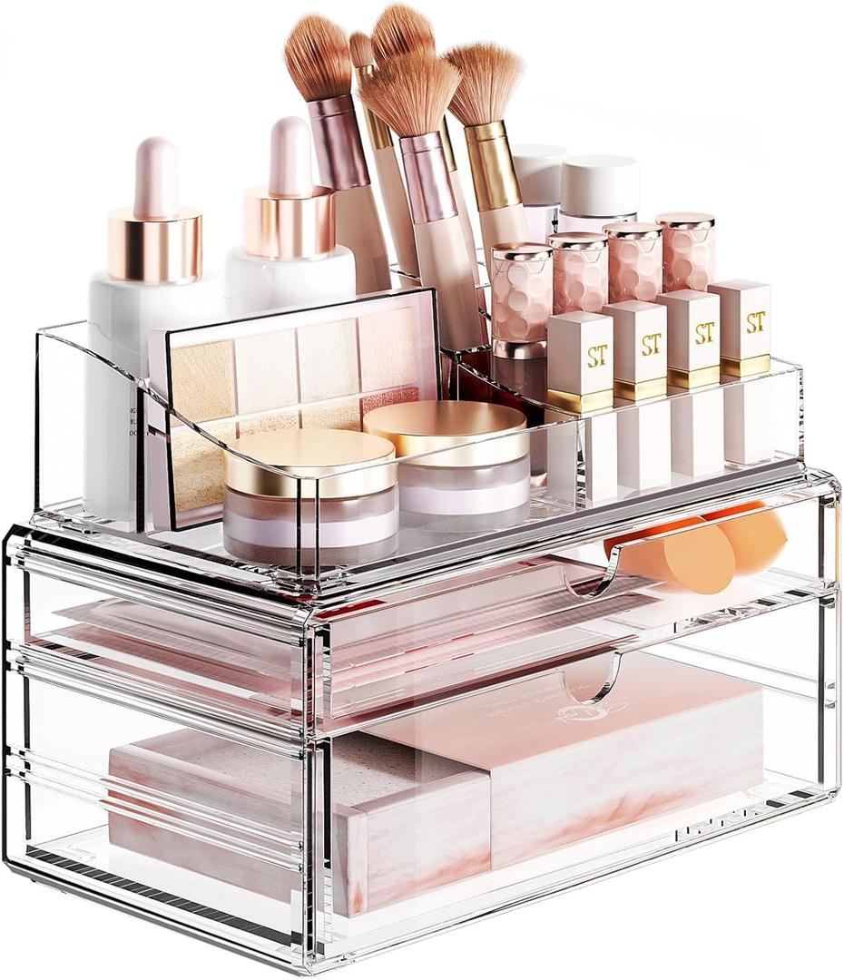 Delamu 3-Tier Clear Makeup Organizer with Drawer, Acrylic Cosmetic Display Case for Makeup Vanity Bathroom Counter Organizers and Storage, Stackable Vanity Organizer for Brushes Lipsticks Skincare