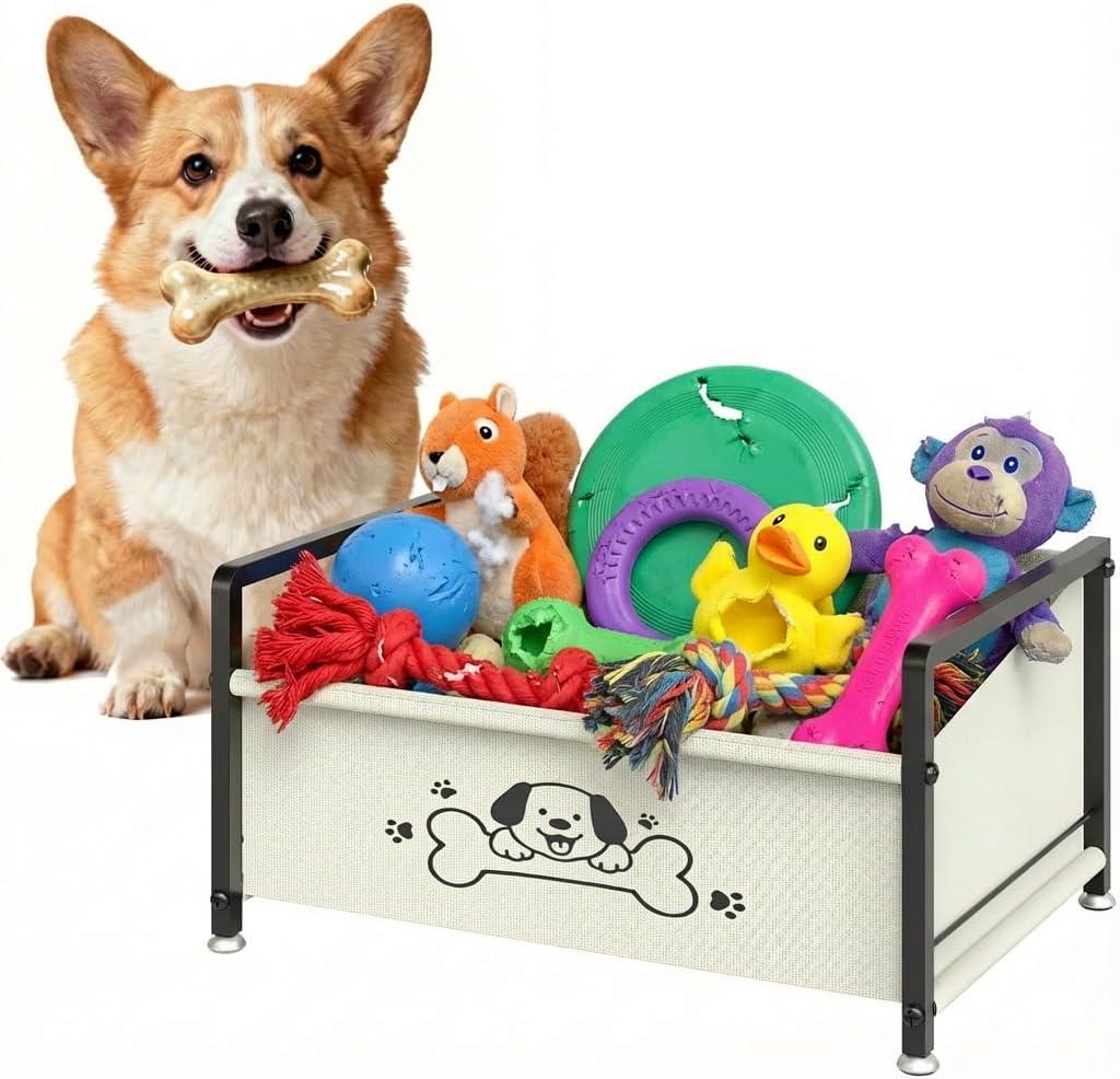 Dog Toy Box for Storage, Metal Frame Oxford Fabric Pet Toy Organizer with Raised Legs, Large Capacity Dog Toy Basket with Front Low Opening, Washable and Durable Design (White) 17.5"L x 12.2"W x 8.7"H