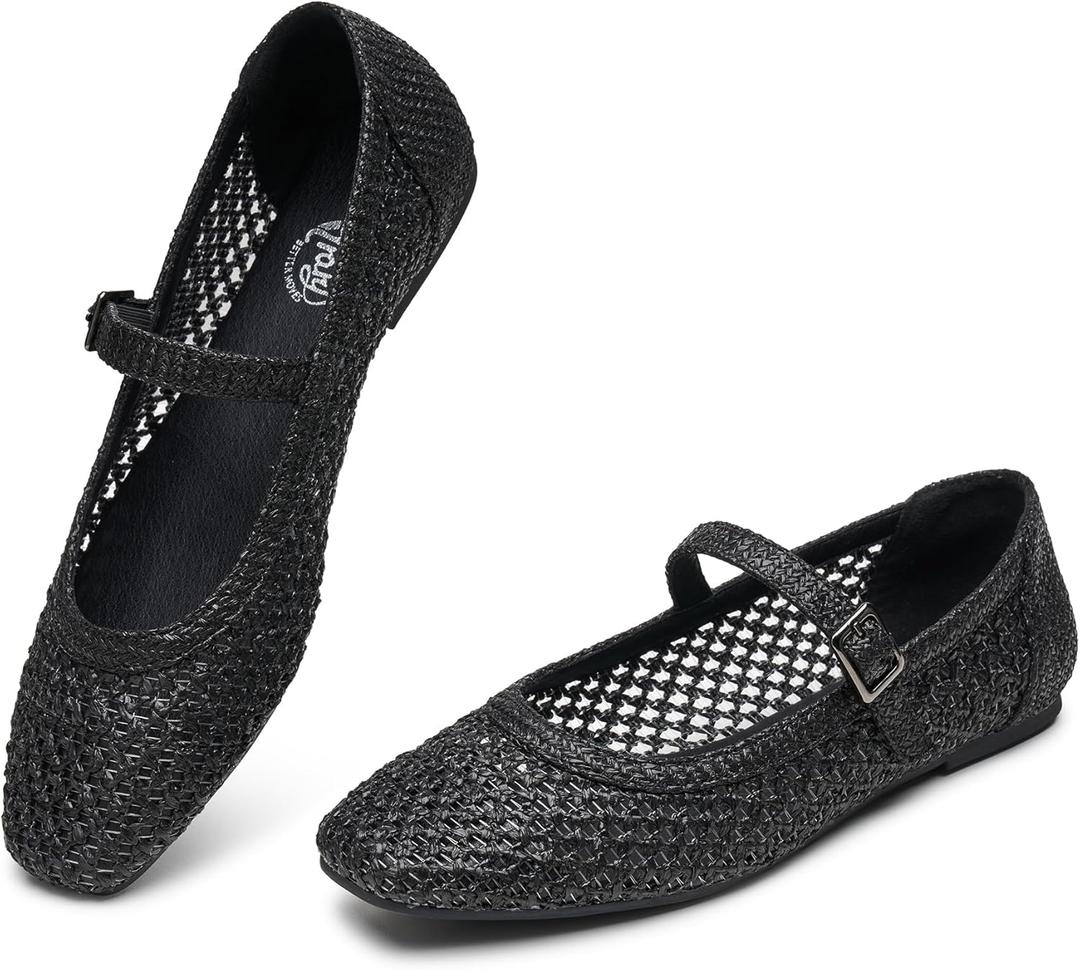 Trary Mary Jane Shoes Women Woven Flats for Women Dressy Ballet Flats Squared Toe Mary Jane Flats Shoes 9.5