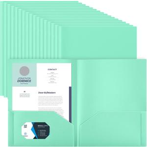 Gueevin 100 Pack Plastic Folder with Pockets, 2 Pocket Folders, Plastic Glossy Folders Fit Letter Size Paper, Heavy Duty Durable File Folder with Business Card for Home Office School (Light Green)