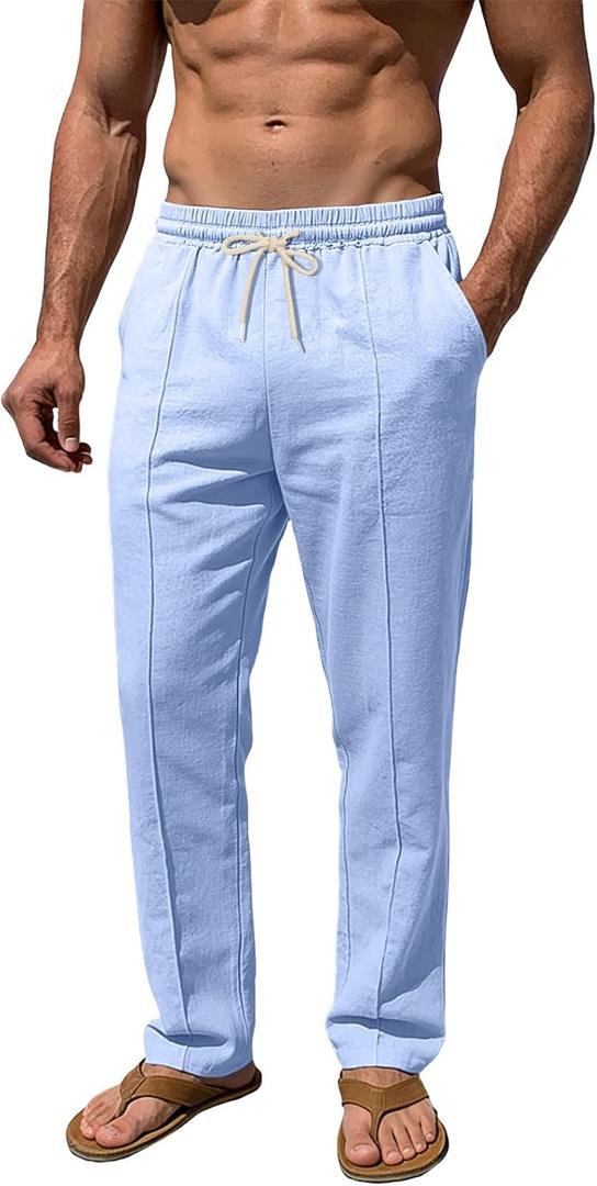 Mens Linen Pants Casual Beach Yoga Pants Elastic Waist Drawstring Straight Leg Loose Lightweight Trousers with Pockets (Blue, XXL)