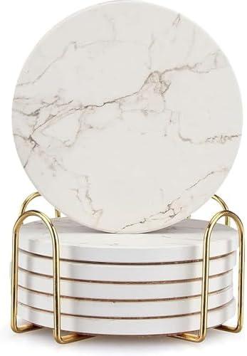 5 Pack White Marble Coaster Set with Holder Absorbent Drink Coasters Ceramic Cute Coaster Bar Dining Coffee Table Accessories Decor Gift Funny Cup Stone Modern Costers Cool Desk Beer Cork Coasters