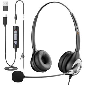 Wantek Headset with Microphone for PC, USB Wired Headphones - USB-C Over-Ear 3.5mm Headsets with Noise-Cancelling Microphone for Laptop - Computer Headphones with Mic in-line Control for Home