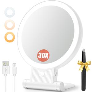 Auxmir 1X/30X Magnifying Mirror with Light, Double Sided Makeup Mirror with Adjustable 3 Color Light, 2000mAh Rechargeable Lighted Magnifying Mirrors with Tweezer, Foldable Travel Mirror with Rotation