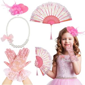 Sintege 4 Pcs Girls Tea Party Set Girls Tea Party Accessories Gloves Hats Necklace Fans for Toddler (Pink)