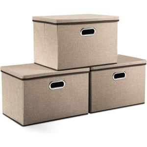 PRANDOM Large Collapsible Storage Bins with Lids [3-Pack] Jute Fabric Foldable Storage Boxes Organizer Containers Baskets Cube with Cover for Home Bedroom Closet Office Nursery (17.7x11.8x11.8) (Khaki)