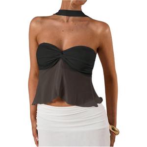 RoseSeek Women's Strapless Halter Tops Sweetheart Neck Mesh Crop Tank Top Going Out Outfits (Black)