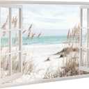 Beach Window Canvas Wall Art: Living Room Blue Ocean Scene Painting Coastal Seascape Picture Bedroom Modern Relaxing Sea Landscape Print Tropical Seaside Artwork Decor for Home Office, 24"L x 16"W