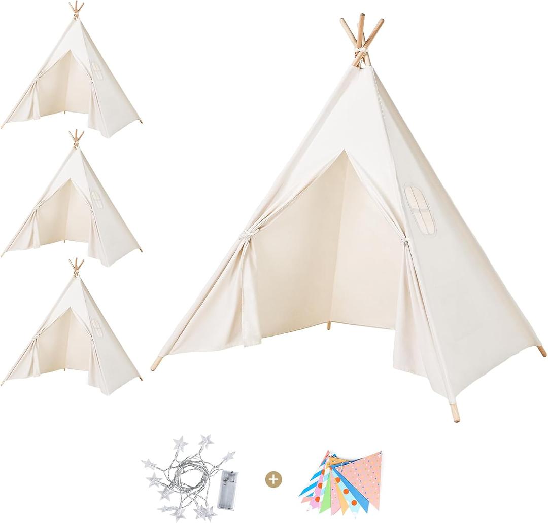 Sumbababy 4 Pack Teepee Tent for Kids Indoor Play Tent with Lights & Colorful Flags, Natural Canvas Sleepover Tents for Girls Party Washable & Foldable Slumber Party Tents
