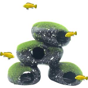 PINVNBY Stone Aquarium Hideaway Decoration Resin Cichlids Rock Decor with Artificial Moss Betta Cave Hideout Shelter Tunnel Fish Tank Ornament for Shrimp,Short Bream and Crayfish(L)