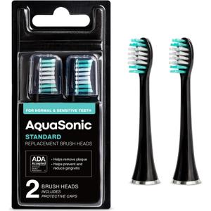 AquaSonic Genuine Standard Replacement Brush Heads | for Normal & Sensitive Teeth | Compatible with Many AquaSonic Toothbrush Handles (2 Pack Black)
