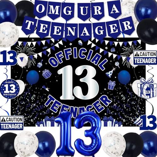 13th Birthday Decorations for Boys Girls, Blue Black Omg Ur A Teenager Birthday Party Decorations, Official 13 Teenager Backdrop, Foil Balloons 13, Banner, Balloons, Hanging Swirls, Birthday Card Set