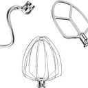 Stainless Steel Attachments 3-Piece for KitchenAid 5.5-6 QT Bowl-Lift Stand Mixer and Mixing Bowl,Includes Wire Whisk, Flat Beater, Dough Hook,Dishwasher Safe and Heavy Duty