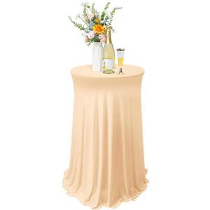 Tegeme 1 Pack 32 x 43 Inch Round Spandex Cocktail Tablecloths with Skirt Cocktail Round Table Cover Spandex Stretch Tablecloth for Fitted High Top Table Bar Wedding Party Banquet (Champagne)