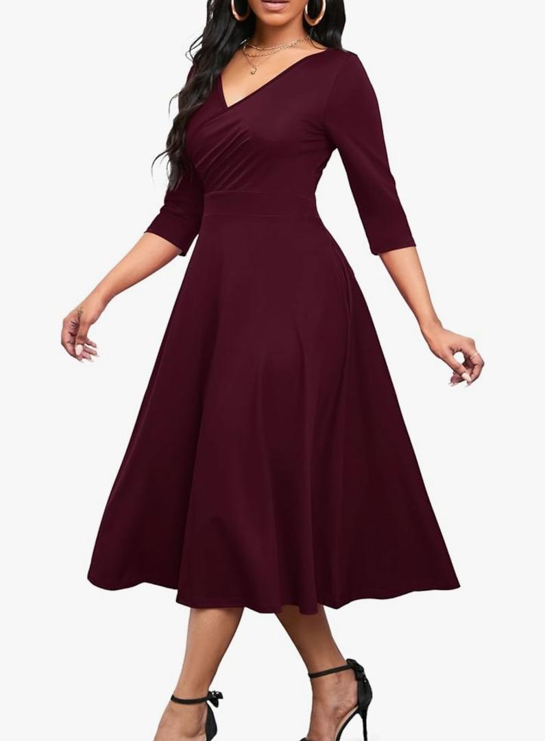 Nmoder Women's Casual Wrap Flared Midi Dress Wedding Guest Cocktail Tea Dresses A-Line Swing V-Neck 3/4 Sleeve XL