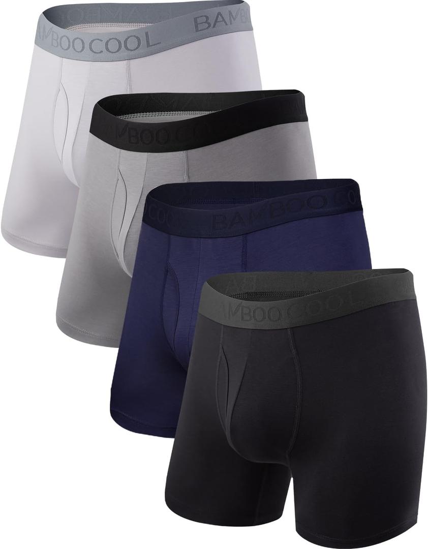 BAMBOO COOL Men's Underwear Boxer Briefs Fly with Built-in 3D Pouch Comfortable Cool Underwear for Men 4 Pack (Large)