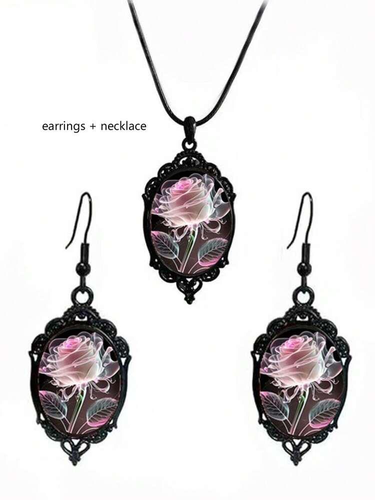 Pink Rose Necklace and Earrings