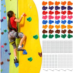 Meooeck 40 Pcs Rock Climbing Holds Set for Kids with Mounting Screws and 2 Wrenches, Mix Colored Climbing Rocks DIY Wall Grip Kits for Outdoor Indoor Playground Backyard Play Set