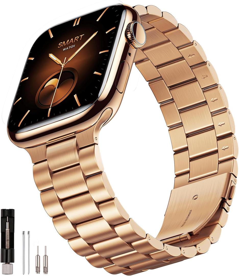 SUNFWR Compatible with Apple Watch Band 45mm 44mm 42mm for Men Women, Stainless Steel Metal iWatch Band for Apple Watch Series 9/8/7/6/5/4/3/2/1/SE/SE2 (Rose Gold, 42mm/44mm/45mm No case)