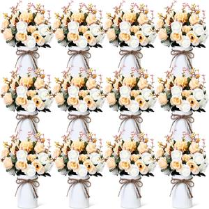 Domensi 8 Sets Wedding Centerpiece for Table Artificial Rose with Vase Fake Bouquets and Metal Pot Floral Arrangements for Holiday Party Event Table Decor (Champagne Gold)