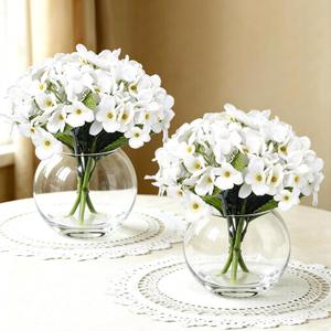 2 Pcs Hydrangea Artificial Flowers - Fake Flowers Real Touch Floral Arrangement with Faux Water in Glass Vase, Home, Bathroom and Office Table Centerpiece Decor（White）