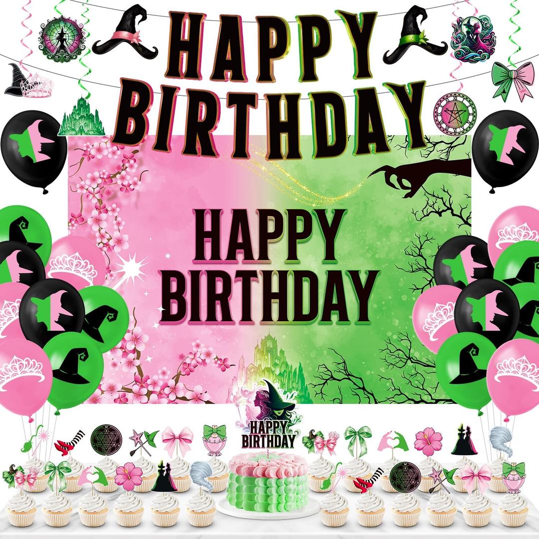 57pc Green Pink Birthday Party Decorations Include Birthday Decorations Backdrop, Colorful Balloons, Cartoon Cake Topper, Banner Hanging Swirls, Party Decorations for Boys and Girls
