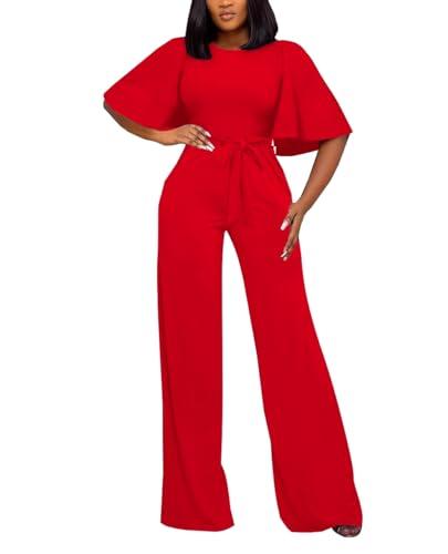 BessCops Red Women Casual Loose Short Sleeve Belted Wide Leg Pant Romper Jumpsuits S