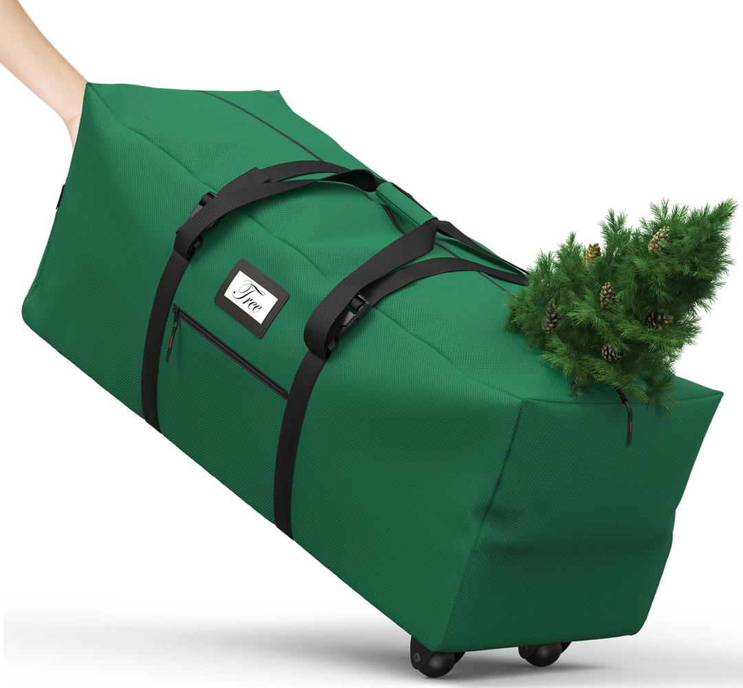 Christmas Tree Storage Bag with Rolling Wheels, Fits for 9ft Xmas Artificials, Large Xmas Storage Container with Reinforced Carry Handles and Fixed Buckle, 600D Oxford Cloth, Dual Zippers