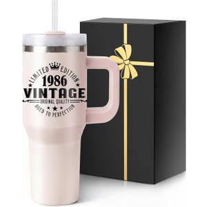 Insulated Water Bottle with Straw Handle Pink Spill Leak Proof Tumbler Cup Cute Smoothie Coffee Mug Women 40th Birthday for Her 40 Years Old 1986 Funny Gift Cool Decorations Best Unique Birthday Party (EXP 08/19/26)