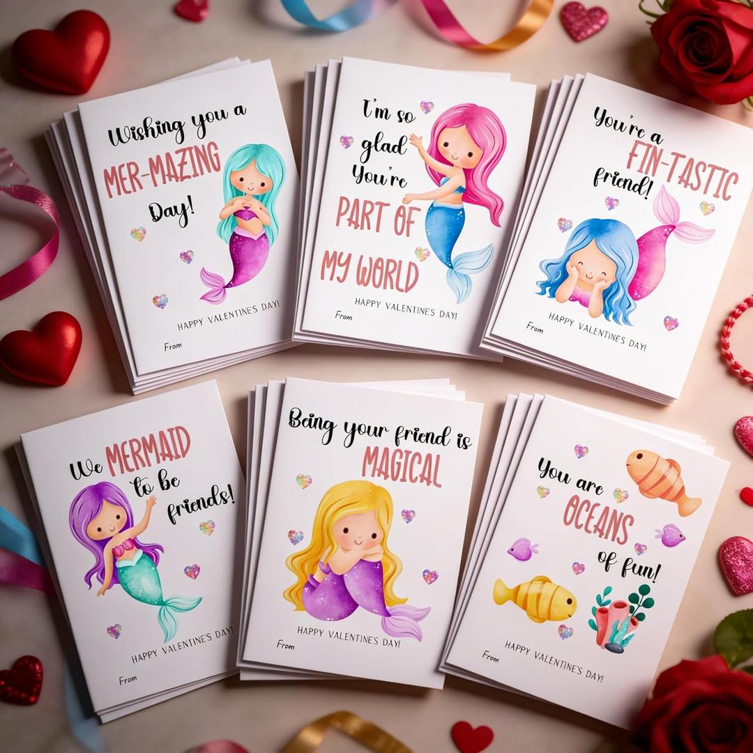 6 x 24 Pack, 6 Designs, Mermaid Valentine's Day Cards for Kids, 3.5x5 inch, Classroom Exchange Cards